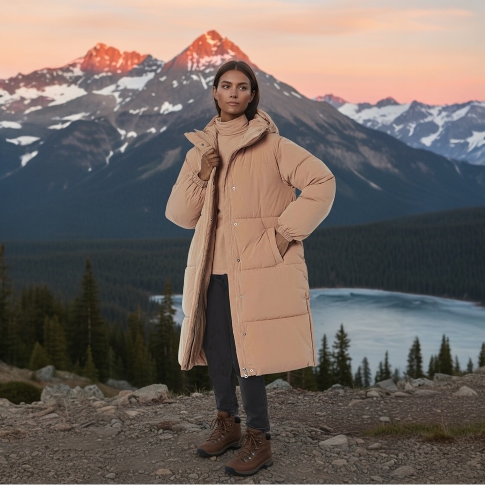 Amazon Essentials Women's Long Puffer Jacket in Beige